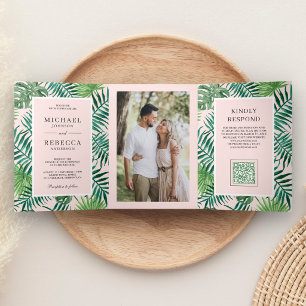 Blush Pink Palm Leaves Tropical QR Code Wedding Tri-Fold Invitation