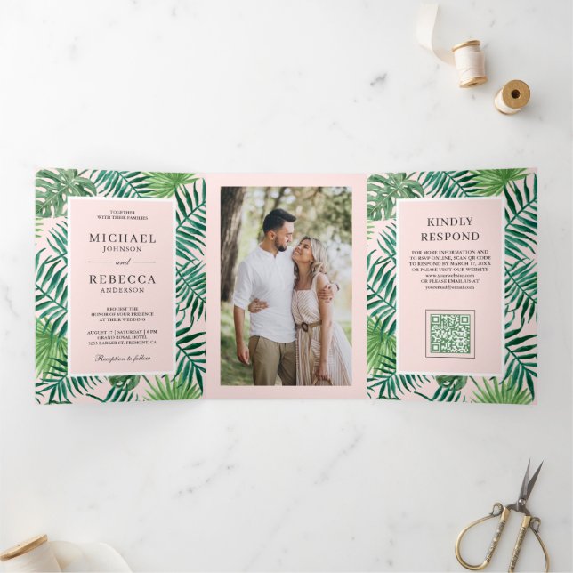 Blush Pink Palm Leaves Tropical QR Code Wedding Tri-Fold Invitation (Inside)