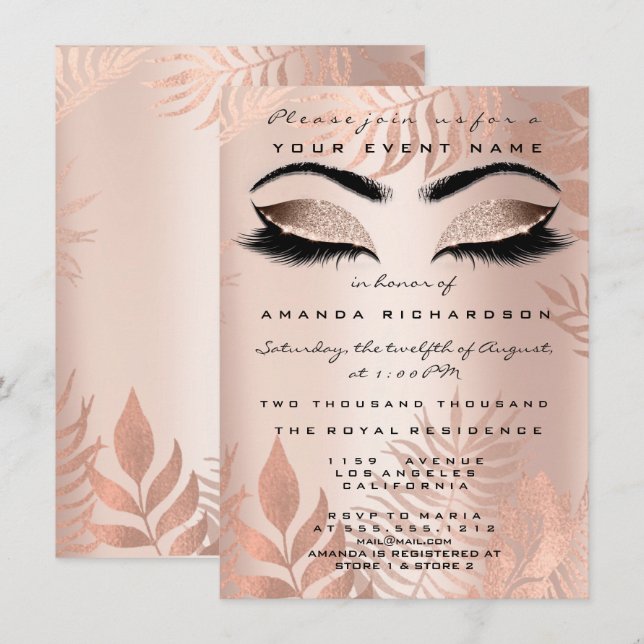 Blush Pink Palm Makeup Glitter Copper 16th Bride Invitation (Front/Back)