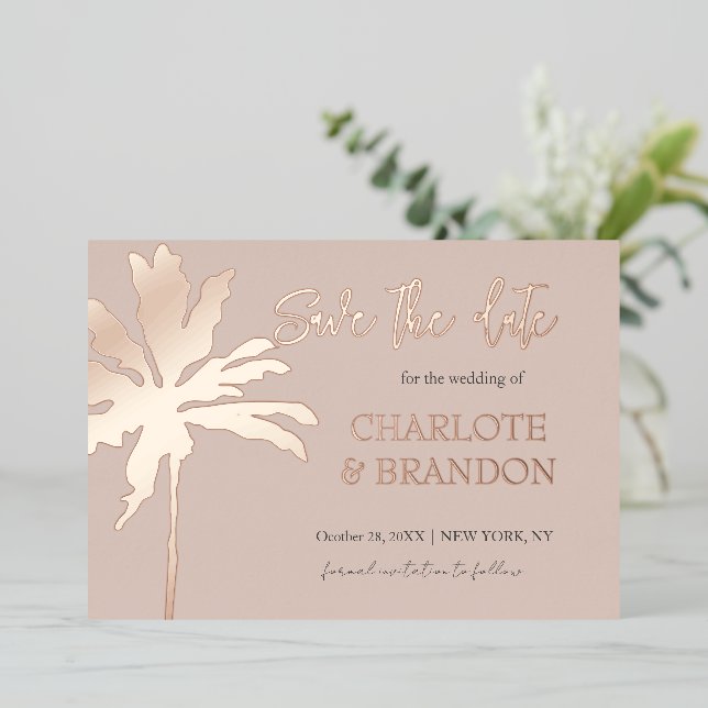 Blush Pink Palm Tree Beach Wedding Save The Date (Standing Front)