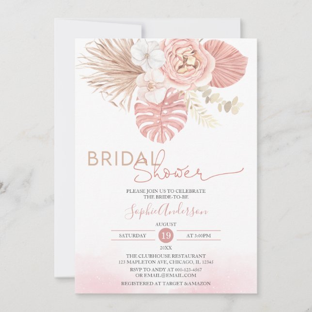 Blush Pink Pampas Grass Boho Bridal Shower Invitation (Front)