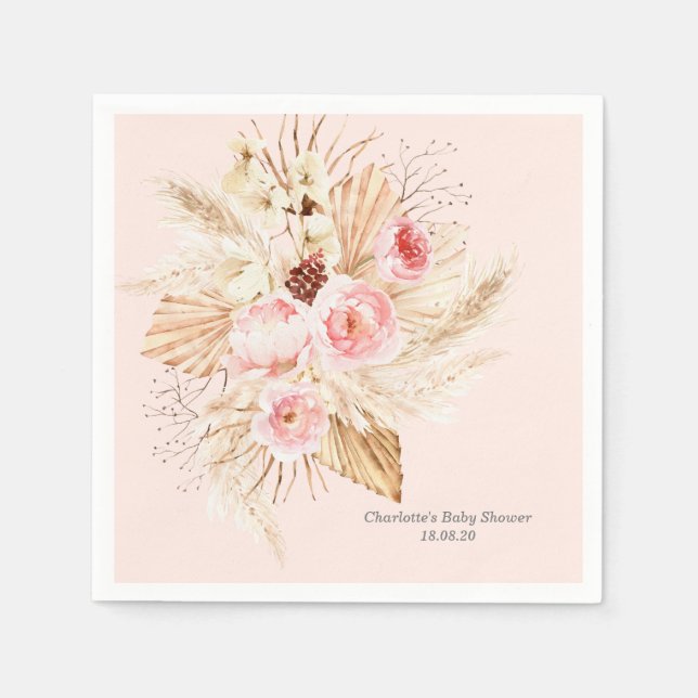Blush pink Pampas Grass Boho Floral Baby Shower Napkin (Front)