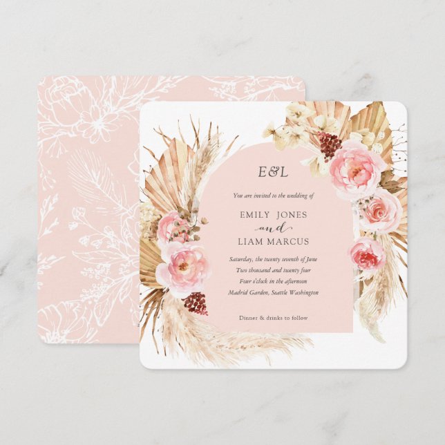 Blush pink Pampas Grass Boho Floral Square wedding Invitation (Front/Back)