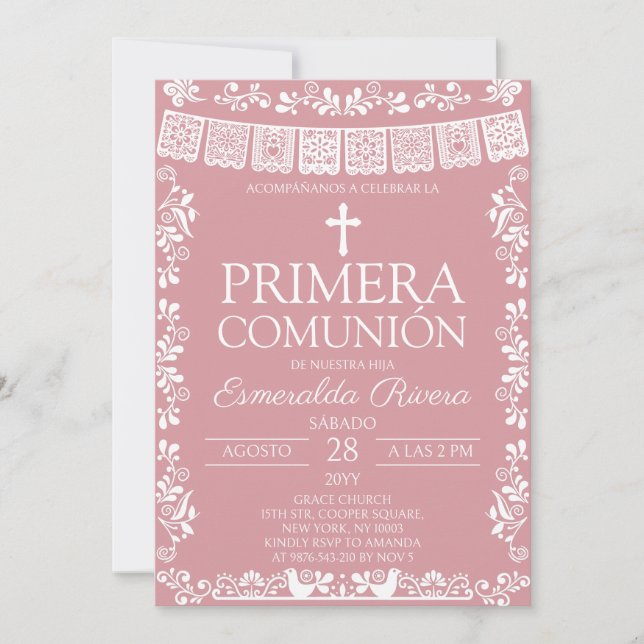 Blush Pink  Papel Picado Primera Comunión Invitation (Front)