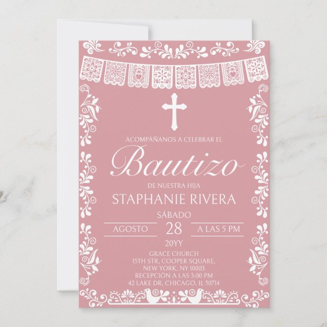 Blush Pink Papel Picado Spanish Bautizo Invitation (Front)