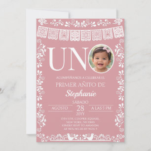 Blush Pink Papel Picado UNO Photo First Birthday Invitation