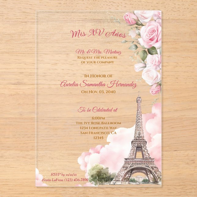 Blush Pink Paris Quinceañera Acrylic Invitations (Front)