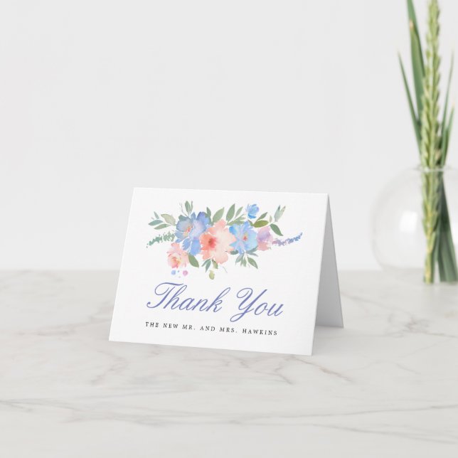 Blush Pink Pastel Blue Floral Wedding Photo Thank You Card (Front)