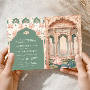 Blush Pink Pastel Green Lotus Pond Indian Wedding Invitation