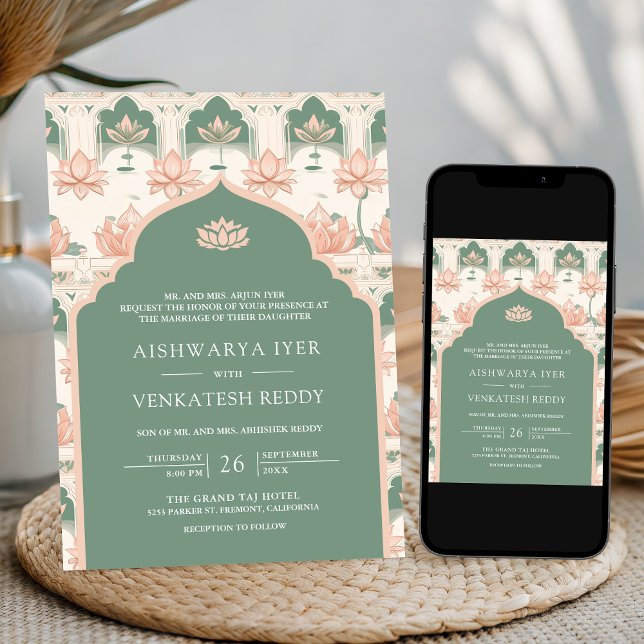 Blush Pink Pastel Green Lotus Pond Indian Wedding Invitation (Creator Uploaded)