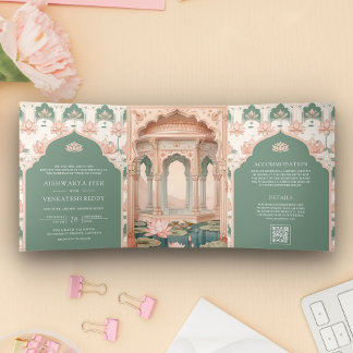 Blush Pink Pastel Green Lotus Pond Indian Wedding Tri-Fold Invitation