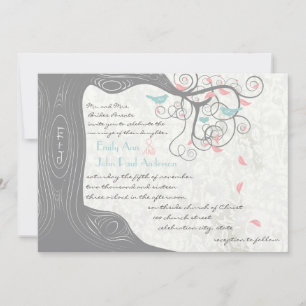 Blush Pink Pastel Mint and Grey Lovebird Wedding Invitation