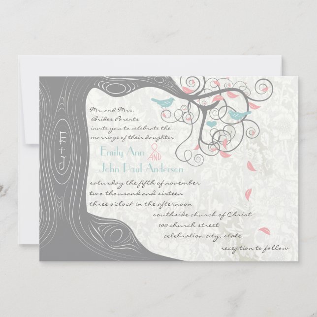 Blush Pink Pastel Mint and Grey Lovebird Wedding Invitation (Front)