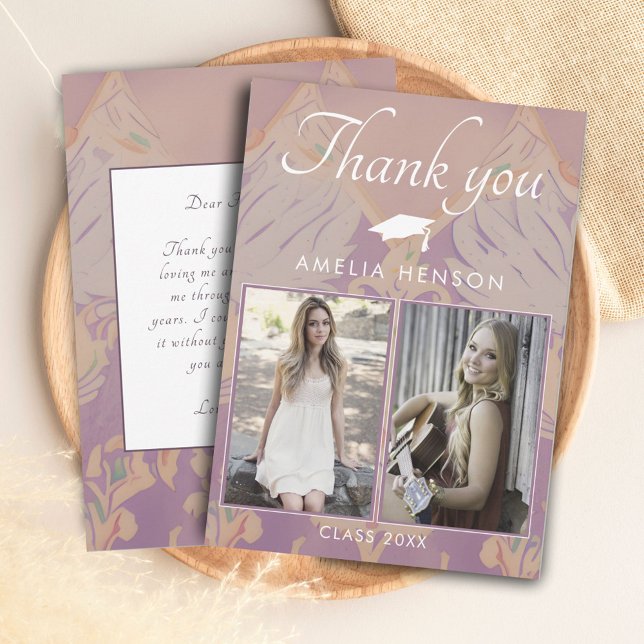 Blush Pink Pattern Graduation 2 Photo Graduation  Thank You Card (Creator Uploaded)