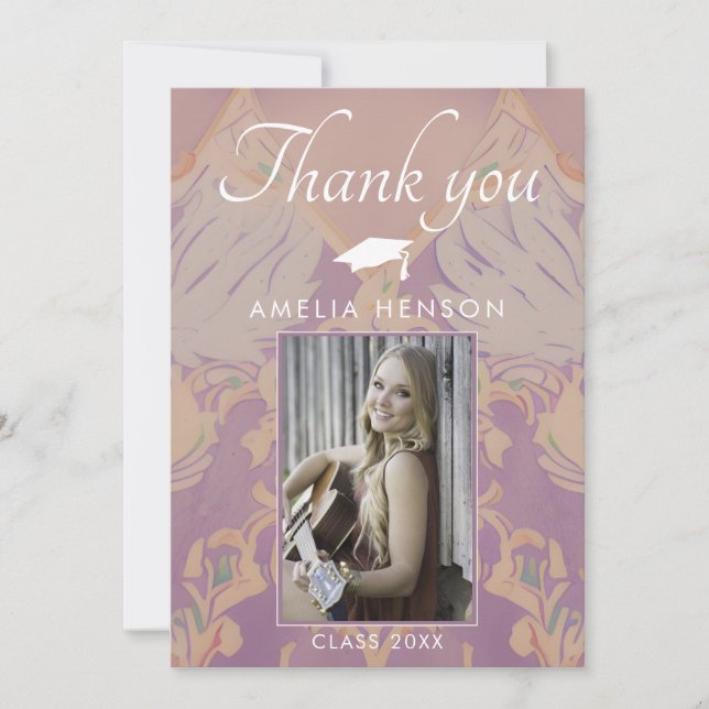 Blush Pink Pattern Graduation Photo Graduation  Thank You Card (Front)