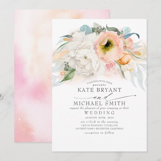 Blush Pink Peach and White Floral Elegant Wedding Invitation (Front/Back)