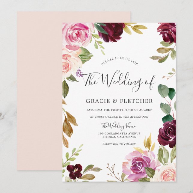 Blush Pink Peach Burgundy Floral Wreath Wedding Invitation (Front/Back)