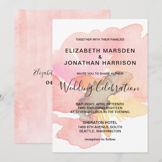 Blush Pink Peach Coral Floral Wedding Invitation (Front/Back)