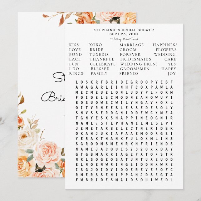 Blush Pink Peach Floral Bridal Shower Word Search Invitation (Front/Back)