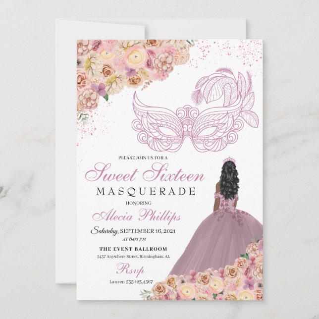 Blush Pink Peach Floral Masquerade Birthday Invitation (Front)