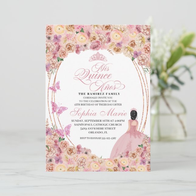 Blush Pink Peach Floral Quinceanera Birthday Invitation (Standing Front)