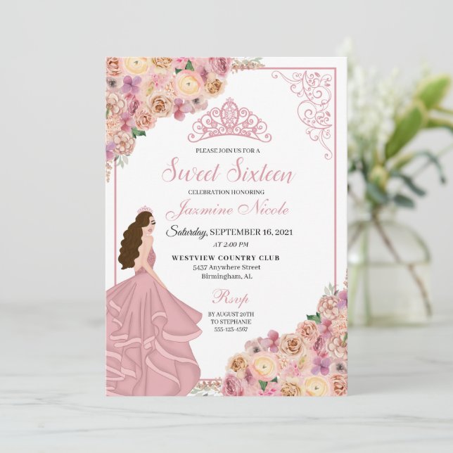 Blush Pink Peach Floral Sweet Sixteen Birthday Inv Invitation (Standing Front)