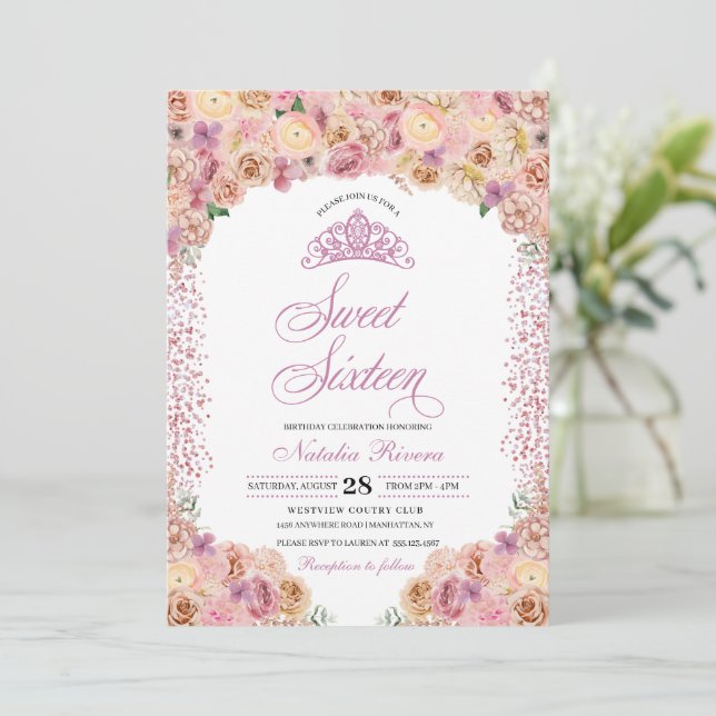 Blush Pink Peach Floral Sweet Sixteen Birthday Invitation (Standing Front)