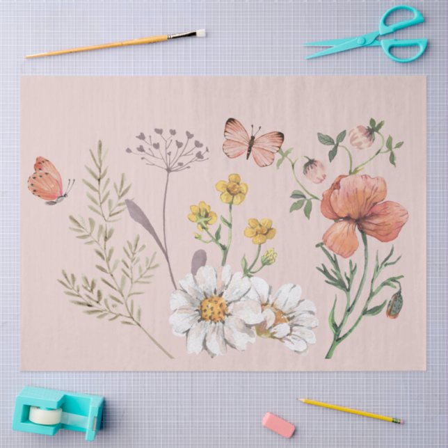 Blush Pink Peach Floral Wildflower Decoupage Tissue Paper (Craft)