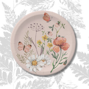 Blush Pink Peach Floral Wildflower Round Paper Plate