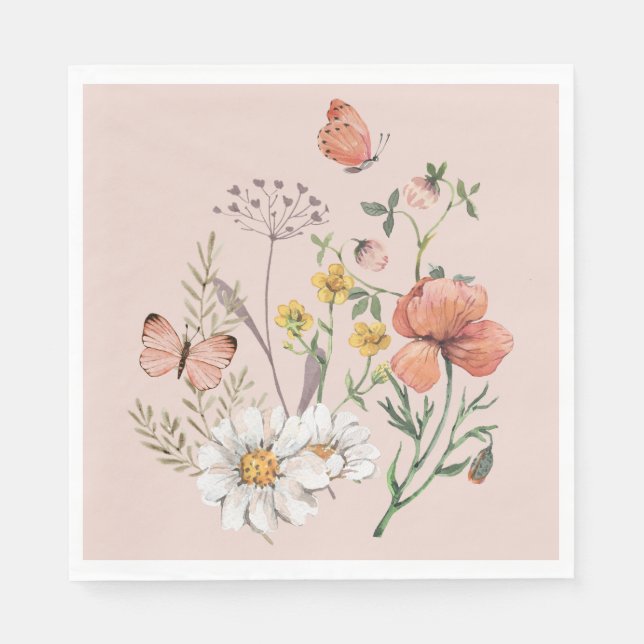 Blush Pink Peach Floral Wildflower Square Napkin (Front)