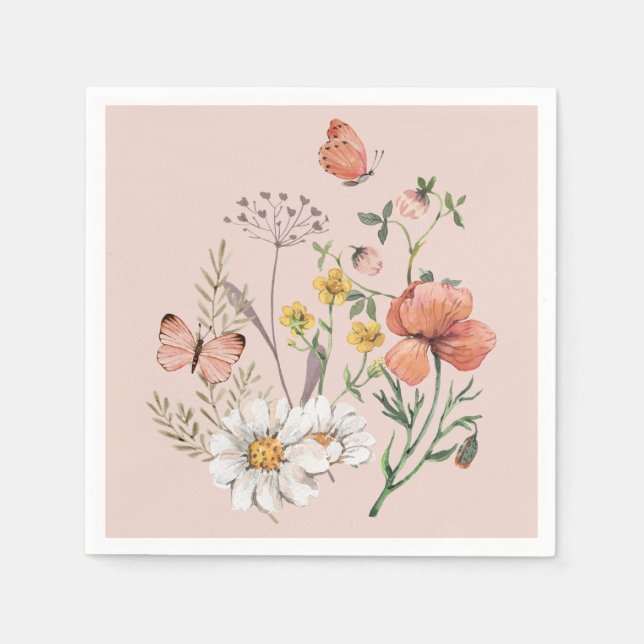 Blush Pink Peach Floral Wildflower Square Napkin (Front)
