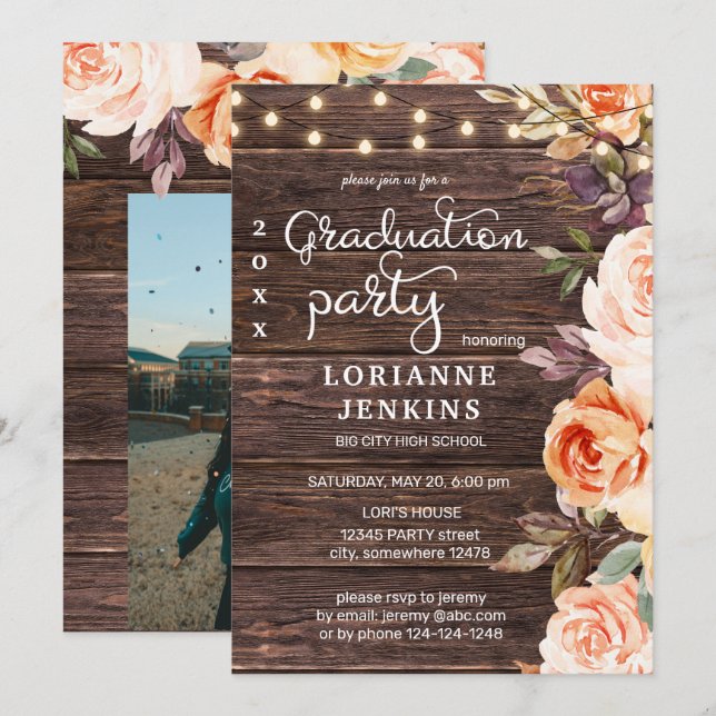 Blush Pink & Peach Floral Wood Graduation w Photo Invitation (Front/Back)