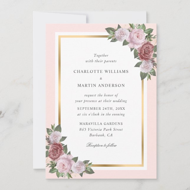 Blush Pink Peach Gold Frame Floral Wedding Invitation (Front)