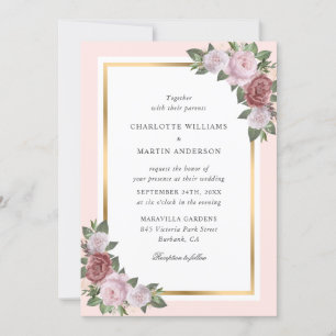 Blush Pink Peach Gold Frame Floral Wedding Invitation