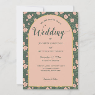 Blush Pink, Peach, Green Arch Shape Wedding Invitation