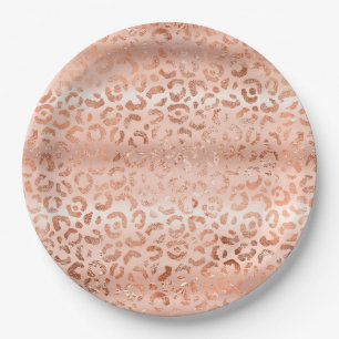 Blush Pink Peach Leopard Print Sparkle Paper Plate
