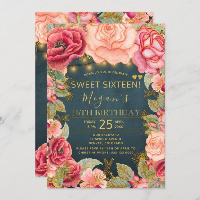 Blush pink peach navy gold string lights sweet 16 invitation (Front/Back)