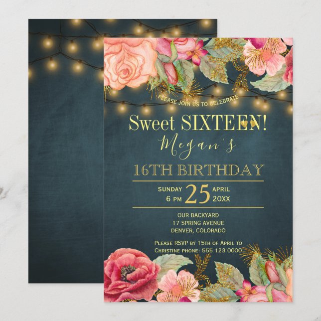 Blush pink peach navy gold string lights sweet 16 invitation (Front/Back)