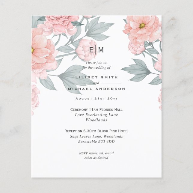 Blush Pink Peach PEONIES Wedding Invite Reception Flyer (Front)