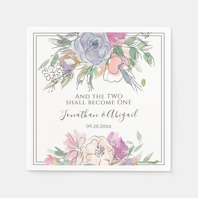 Blush Pink Peach Purple Floral Grey Frame Wedding Napkin (Front)