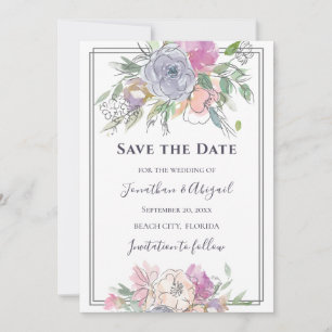 Blush Pink Peach Purple Floral Grey Frame Wedding Save The Date