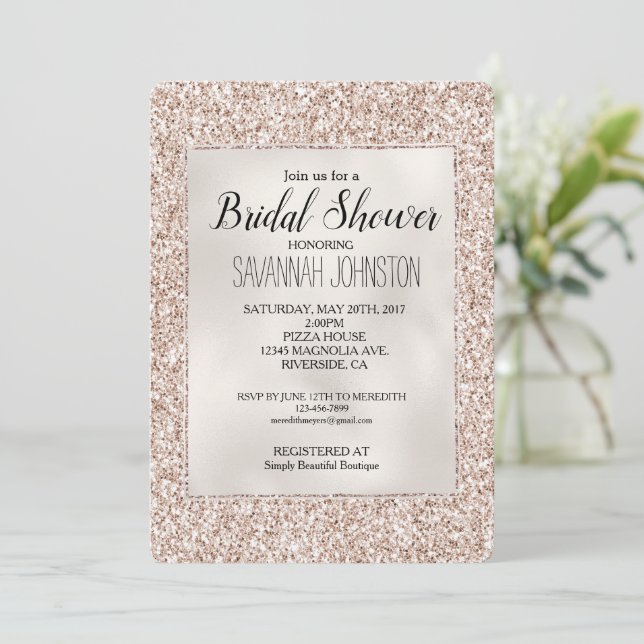 Blush Pink Peach Rose Glitter Bridal Invitation (Standing Front)