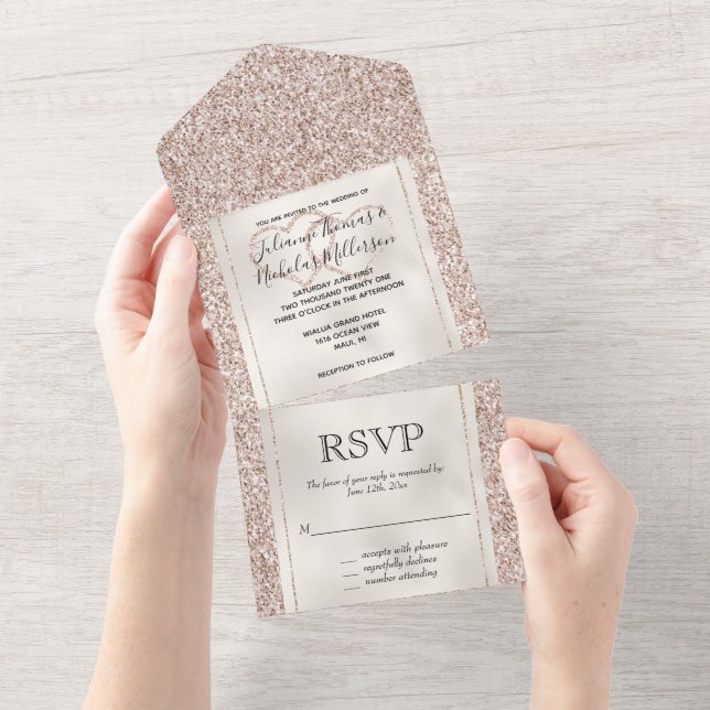 Blush Pink Peach Rose Glitter Hearts All In One Invitation (Tearaway)