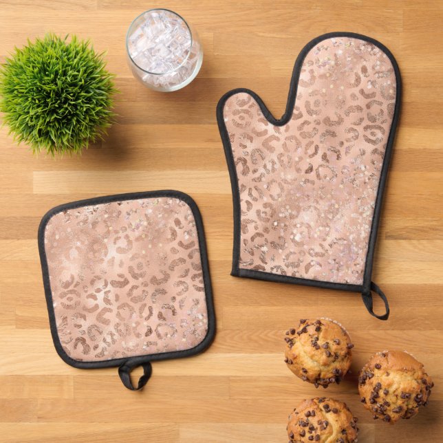Blush Pink Peach Rose Gold Leopard  Oven Mitt & Pot Holder Set (Top Down)