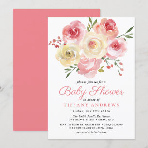 Blush Pink Peach Watercolor Floral Baby Shower Invitation