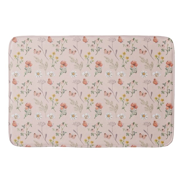 Blush Pink Peach Wildflower Bath Mat (Front)