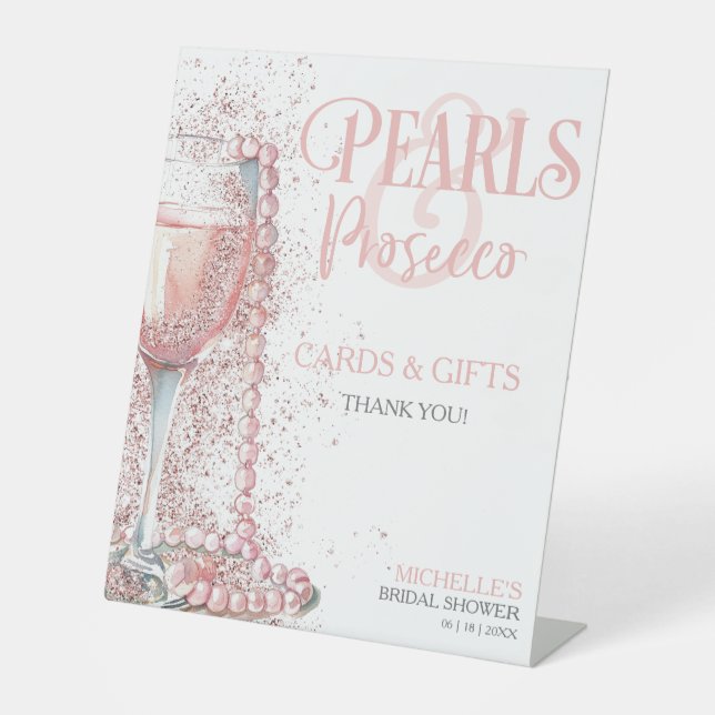 Blush Pink Pearls and Prosecco Cards and Gifts Pedestal Sign (Front)