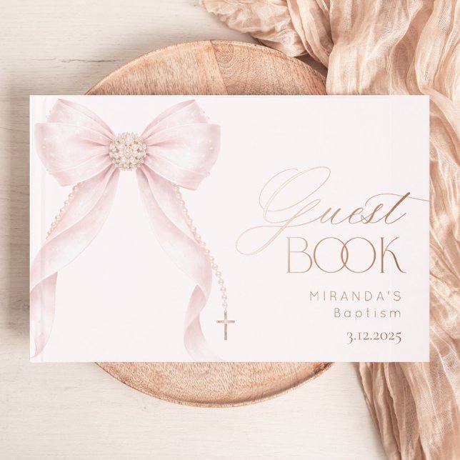 Blush Pink Pearls Bow Baby Girl Baptism Guest Book (Creator Uploaded)
