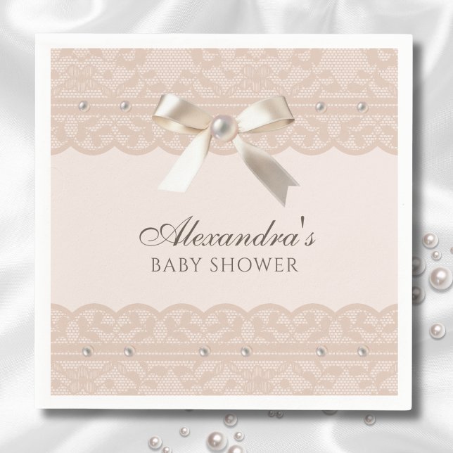 Blush Pink Pearls Satin Bow Lace Baby Shower Napkin (Creator Uploaded)