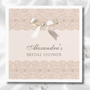 Blush Pink Pearls Satin Bow Lace Bridal Shower Napkin